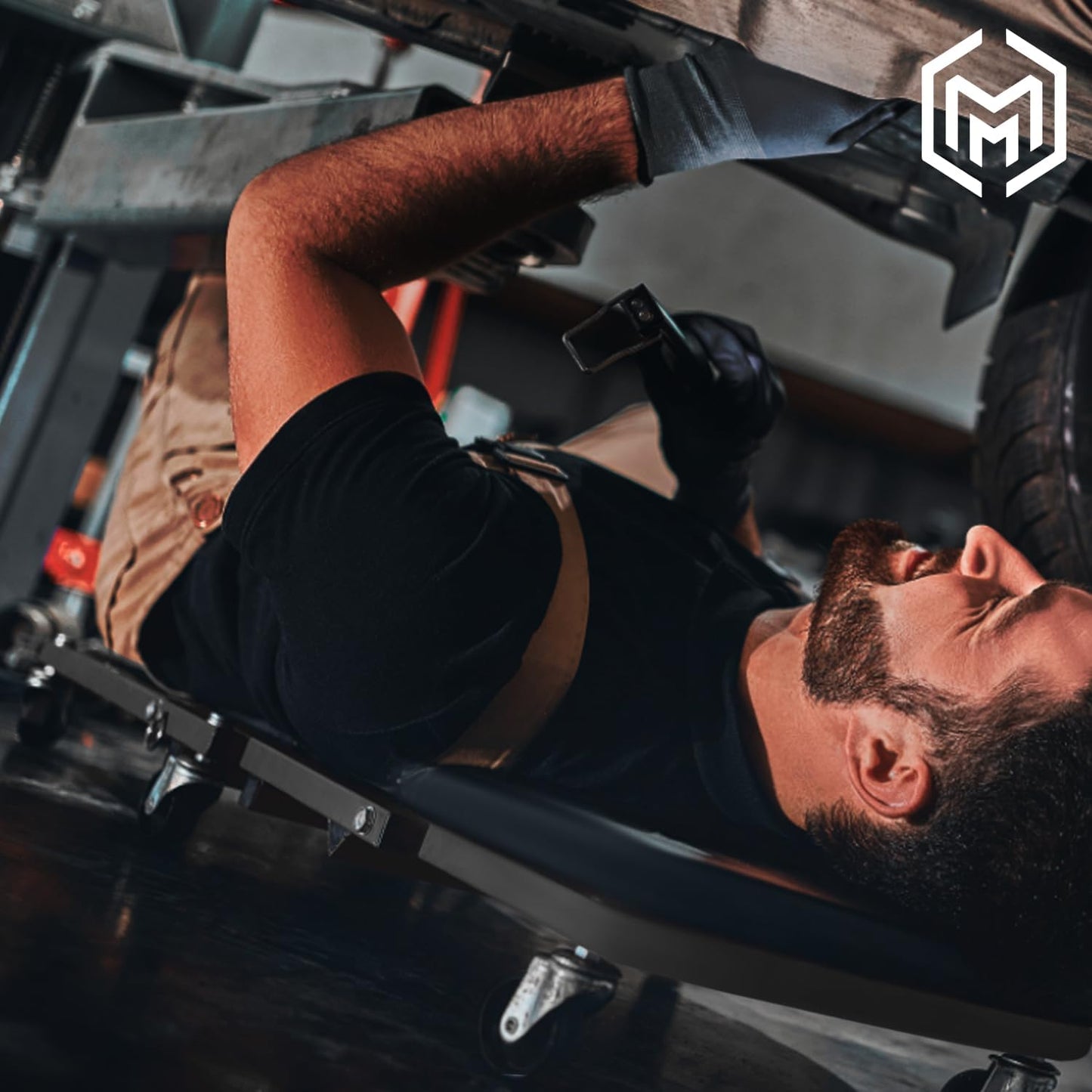 M-AUTO Heavy-Duty Convertible Mechanic Creeper, Z-Creeper 2-in-1 Creeper and Seat 48" Padded Adjustable Headrest Roller Garage Chair with 7 Swivel Casters for Washing, Detailing, Maintenance, Black