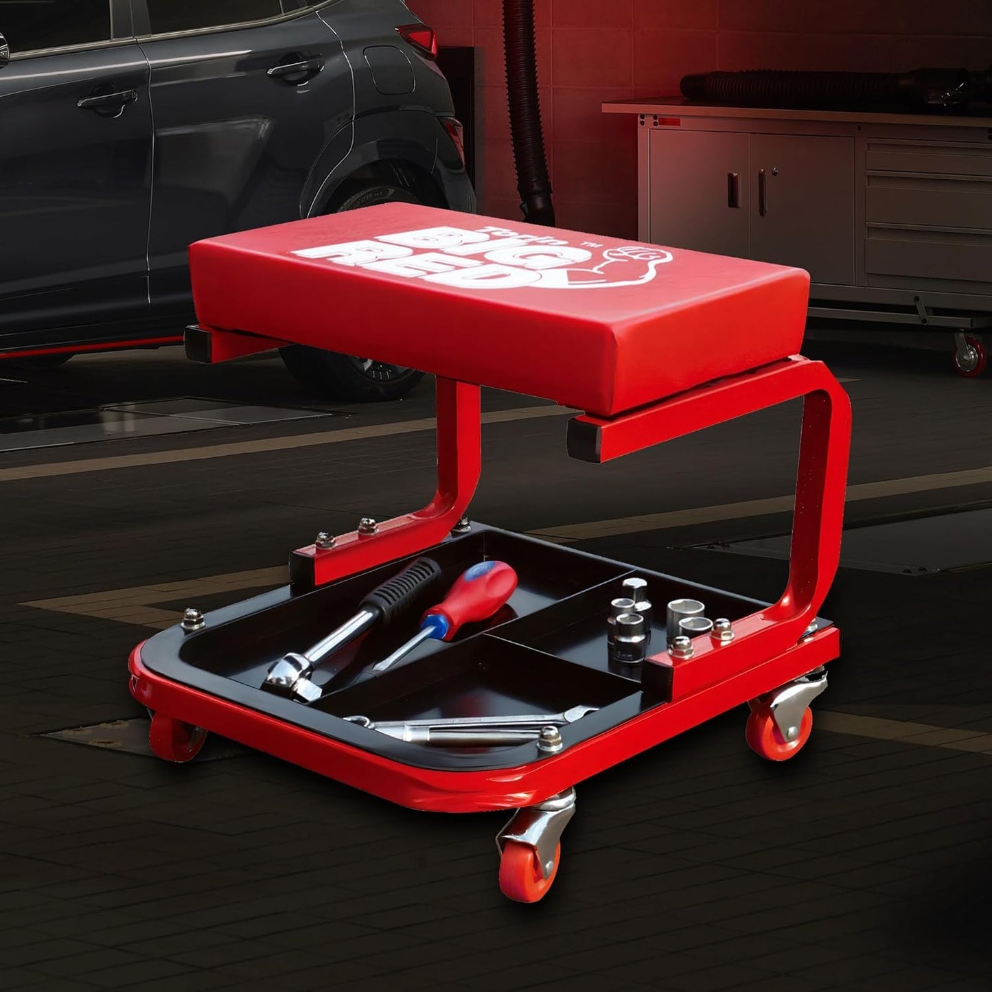 Big RED 250lb Red Rolling Automotive Creeper Garage/Shop Seat: Padded Mechanic Stool with Tool Large Tray Suitable for garages, Repair Shops