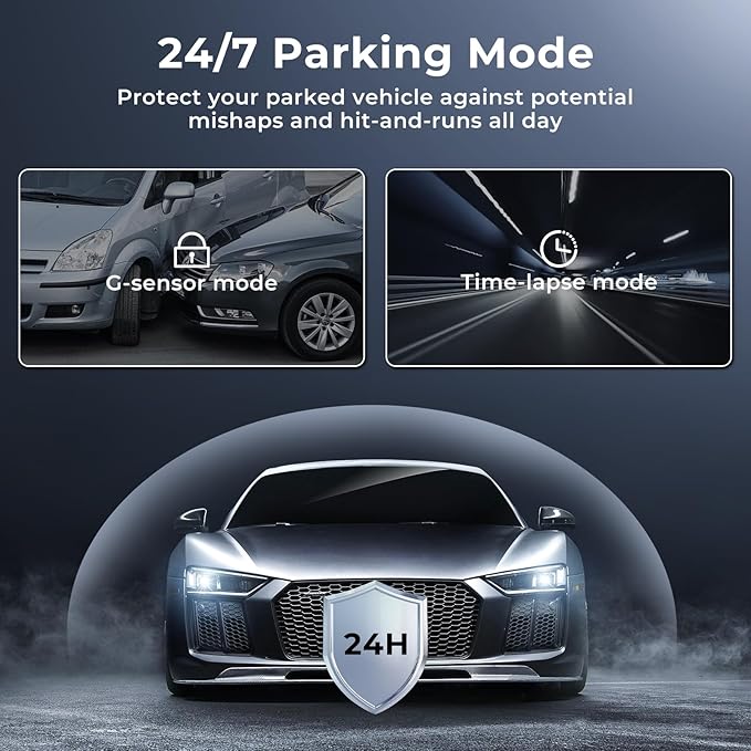 3-Channel 4K Dash Cam, Front 4K + Interior & Rear 1080P, 3.39" IPS Touchscreen, Fisheye Wide-Angle Lenses, WiFi App, Parking Mode, G-Sensor, Supercapacitor, 64GB Card Included