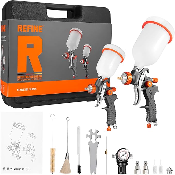 REFINE HVLP Air Gravity Spray Gun Sets, 2-Spray Paint Gun, 1.0mm 100ml & 1.4/1.7mm 600ml Auto Paint Sprayer Gun with Air Regulator for Car Paint, Primer, Topcoat & Touch-Up, Furniture, House Painting.