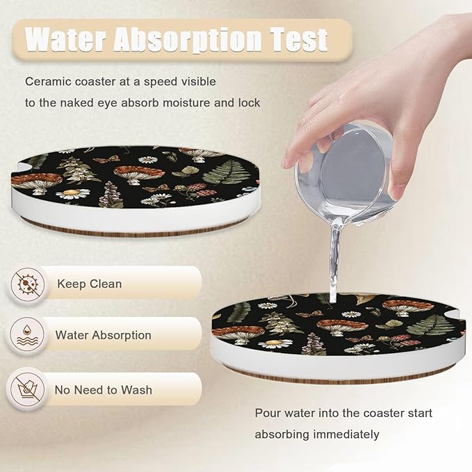 2 Pack Black Mushroom Coasters for Cup Holders, Ceramic Car Cup Holder Coaster for Car, Absorbent Car Cup Coasters with Cork Base Car Interior Accessories for Women Men