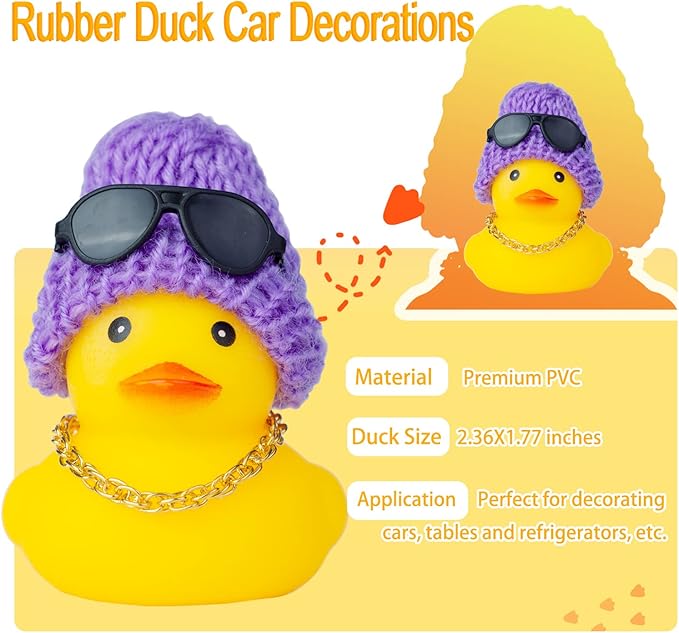 Car Rubber Duck,Yellow Duck Car Dashboard Decorations Accessories with Mini Beanie Hat Necklace and Sunglasses(W3)
