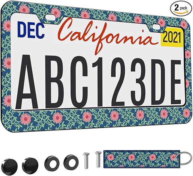 1pcs Pink Daisy Floral Blue License Plate Frame for Women, Daisies Flowers car Decorative tag Frames Girly,Green Leaves License Plate Cover Holder for Vehicle with Double Sided car Keychain tag