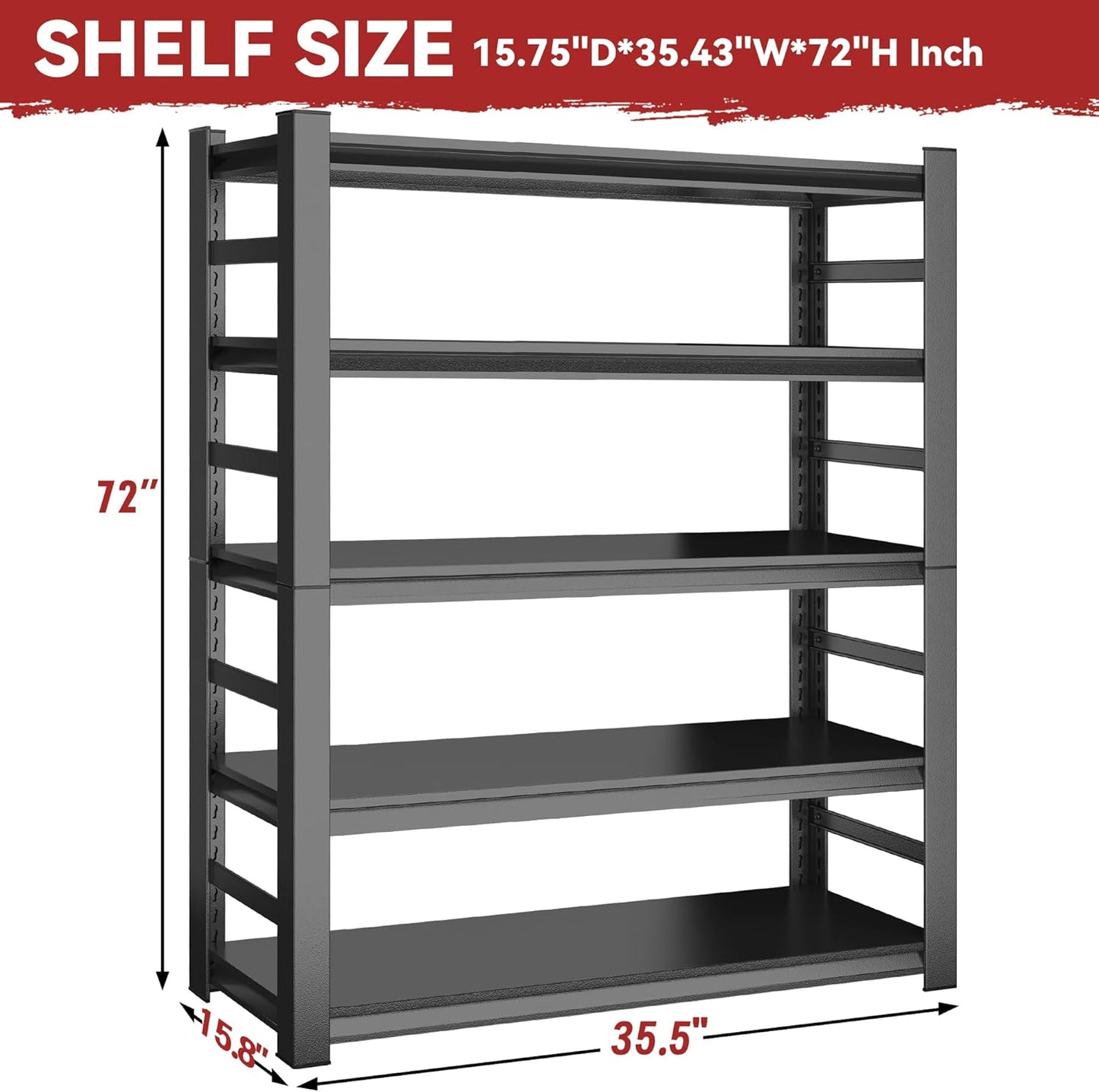 72" H Metal Garage Shelving Unit, 5-Tier Adjustable Garage Storage Shelves Heavy Duty,3000 LBS Metal Utility Rack Shelf for Industries, Warehouses, Basement,Black (72'H x 36''W x 16.1''D)