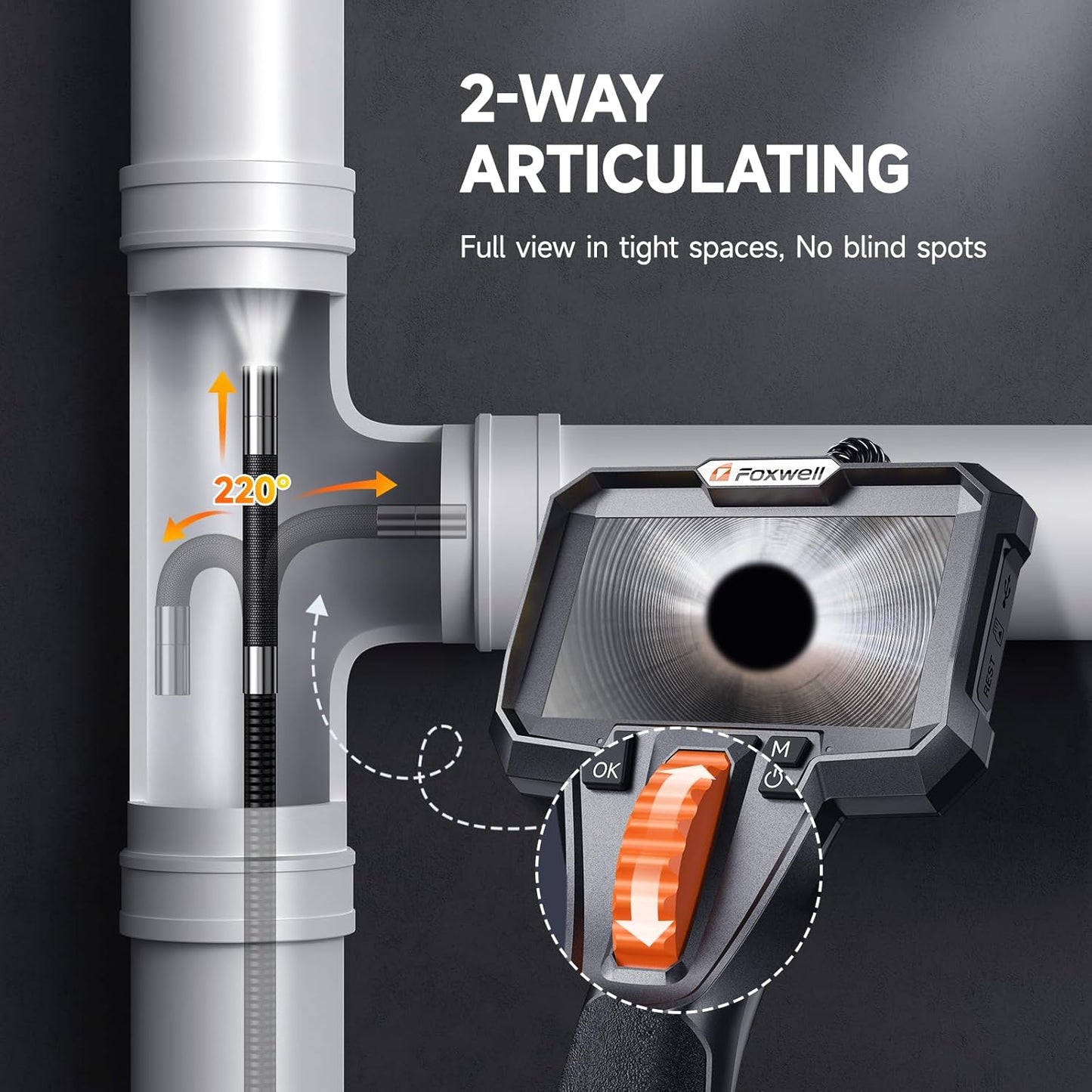 FOXWELL Y400 2-Way Articulating Borescope Camera with Light, Industrial Endoscope Inspection Camera with Articulated Snake Cameras, HD Video Scope for Automotive Engine HVAC Inspection-5.25FT Cable