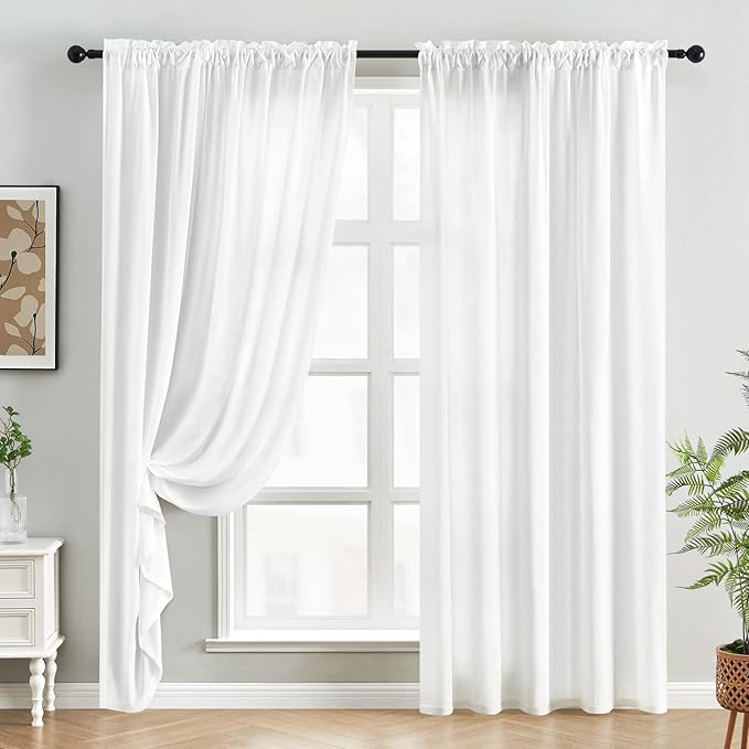 HOMEIDEAS Non-See-Through White Privacy Sheer Curtains, 52 X 96 Inches Long 2 Panels Sheer Curtains Light Filtering Window Drapes for Bedroom Living Room