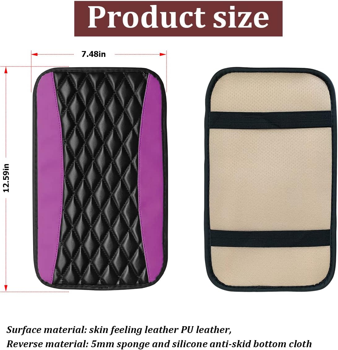 Car Center Console Cushion Pad, Universal Leather Waterproof Armrest Seat Box Cover Protector,Comfortable Car Decor Accessories Fit for Most Cars, Vehicles, SUVs (Purple)