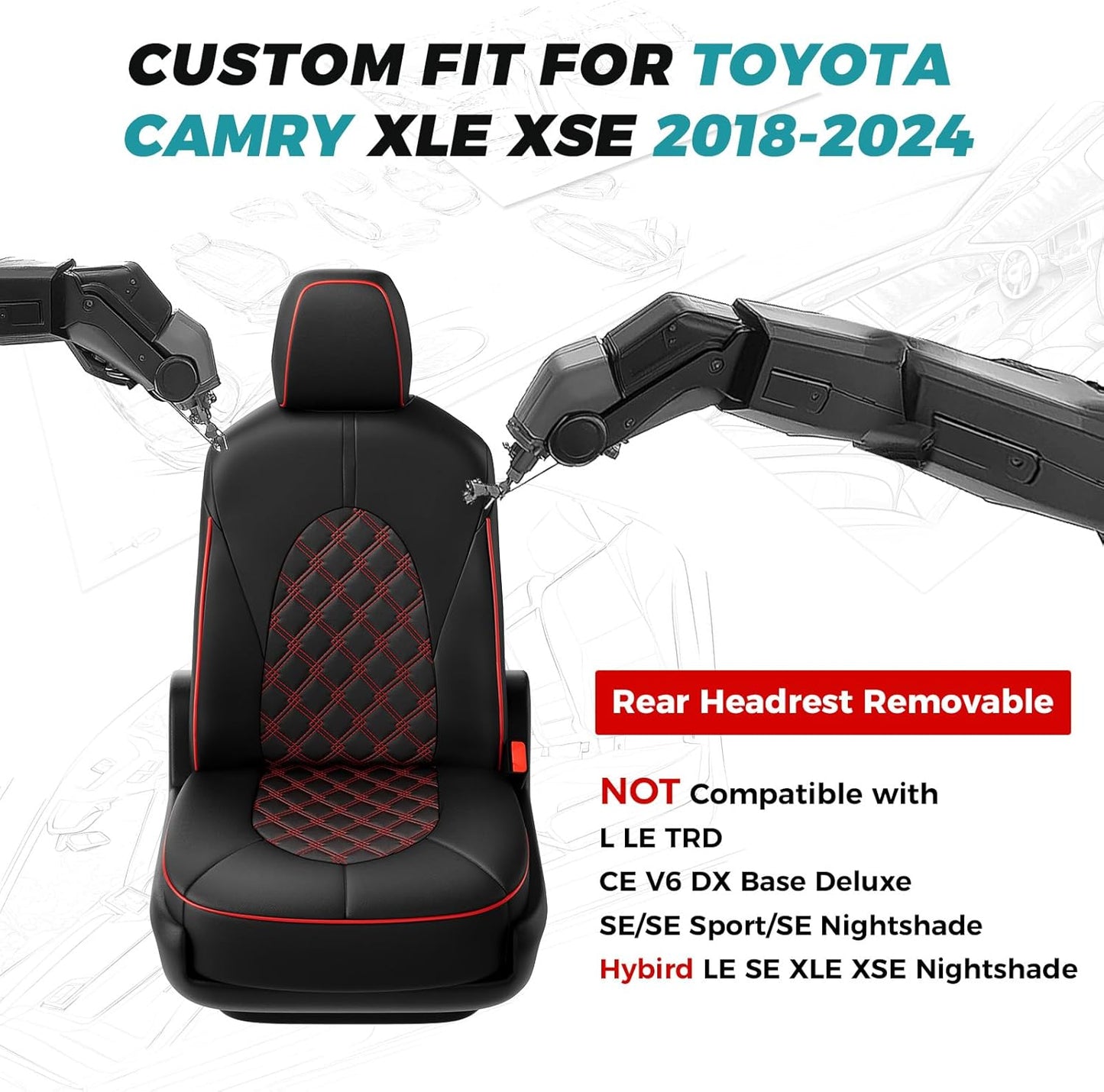 for Toyota Camry Seat Covers XLE XSE V6 2018 2019 2020 2021 2022 2023 2024 - Custom Fit Car Seat Covers Full Set, Breathable Waterproof Leather Seat Covers for Cars, Black Red Not for Hybrid