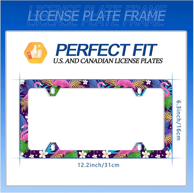 Flamingo Flower Palm Trees License Plate Frame Stainless Steel Auto Parts Colorful Tropical License Plate Decorative with Screws Size 12.3" x 6.3"