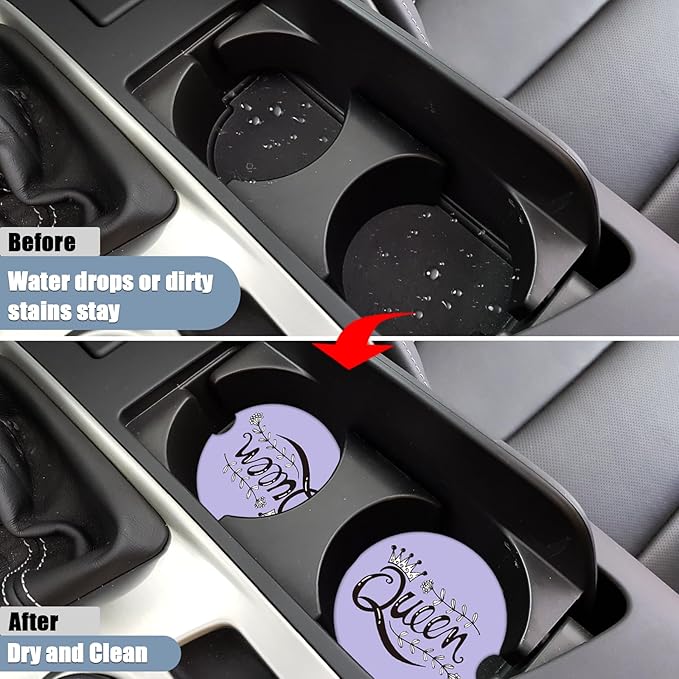 Purple Car Cup Holder Coaster - Queen Crown Absorbent Ceramic Coaster 2 Pack, Car Coasters for Cup Holders, Fashion Car Interior Accessories Drink Coaster for Women & Men
