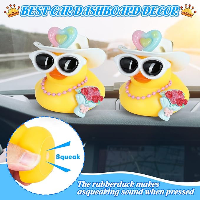 BOZILY Rubber Duck with White Sunglasses, Cowboy Hat, Heart Decor, Pink Necklace, Rose Bouquet & Adhesive Tapes,Cute Dashboard Decor for Adults, Home Office Decoration