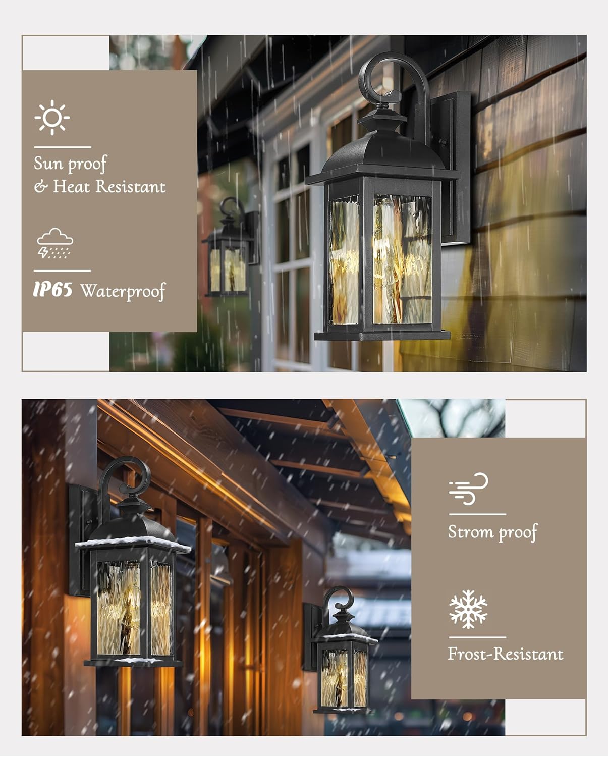 FEMILA 2 Packs Outdoor Waterproof Wall Lights Fixture, 15" Wall Lantern for Porch, Anti-Rust Matte Black Finish with Water Ripple Glass,4FD54B-2PK BK-WP