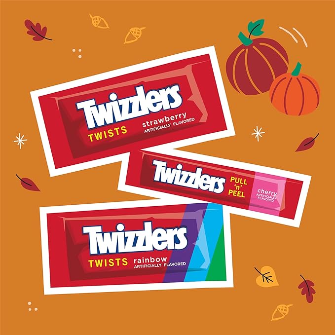 TWIZZLERS Assorted Fruit Flavored Snack Size Chewy, Halloween Candy Bag, 25.3 oz (60 Pieces)