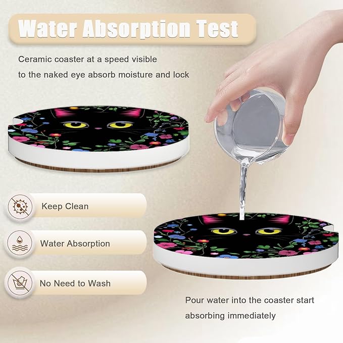 2 Pack Cute Flower Balck Coasters for Cup Holders, Ceramic Car Cup Holder Coaster for Car, Absorbent Car Cup Coasters with Cork Base Car Interior Accessories for Women Men