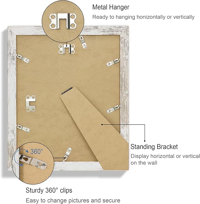 9x11 Picture Frame Set of 4, Made of Real Glass and Distressed White Frame - Display Picture 7x9 with Mat or 9x11 Without Mat, 9 by 11 Photo for Wall or Tabletop