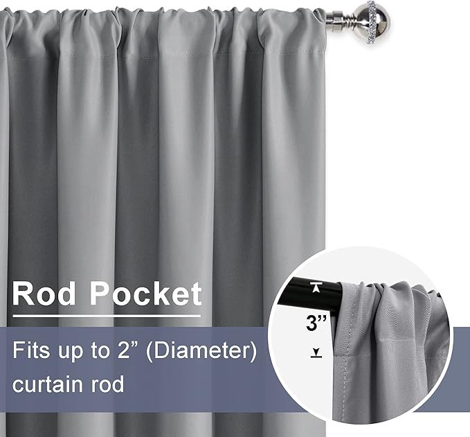 JIUZHEN Blackout Curtains for Bedroom - Thermal Insulated Room Darkening Rod Pocket Curtains for Living Room, Set of 2 Panels with Tiebacks, 70 x 96 Inch Length, Light Grey