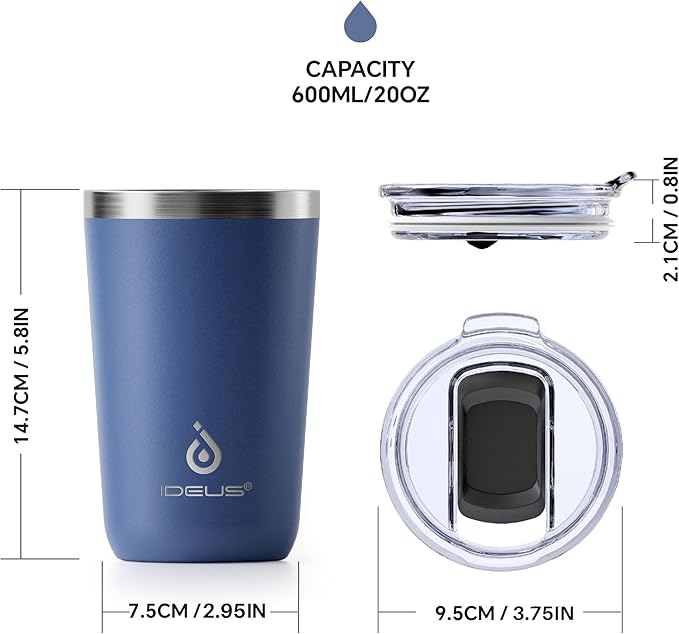 Ideus 20 oz Tumbler, Travel Coffee Mug with Splash Proof Sliding Lid, Double Wall Stainless Steel Vacuum Insulated Coffee Mug for Home and Office, Keep Beverages Hot or Cold, Ocean Blue