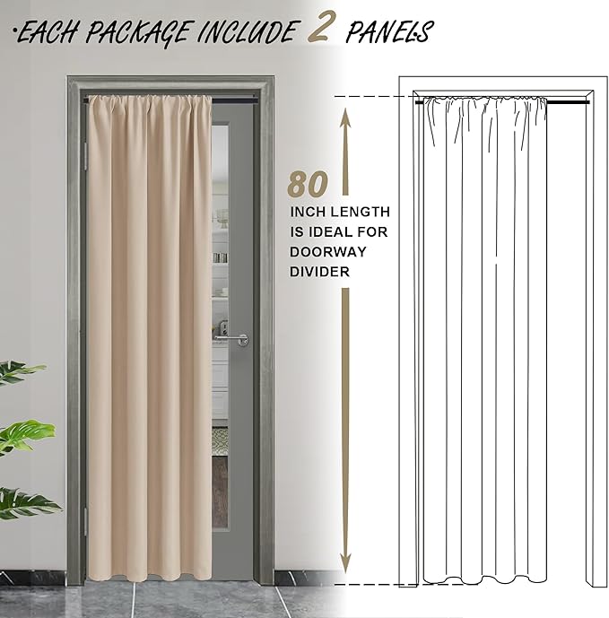 JIUZHEN Blackout Doorway Curtains 80 inch Length - 2 Panels Thermal Insulated Privacy Soundproof Rod Pocket Closet Door Curtains Room Divider for Bedroom,Office, 42 x 80 inches, 42 x 80 Inch, Beige