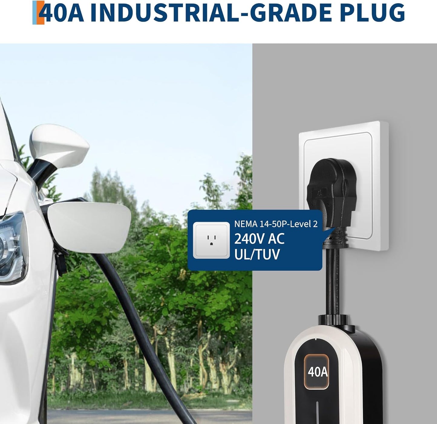 Level 2 EV Charger, 40A 240V Voltage, NEMA 14-50 Plug, 25ft Cable, Adjustable Current/Delay Timer, SAE J1772 Listed Portable Electric Car Charger for Indoor/Outdoor Use, WiFi Enabled