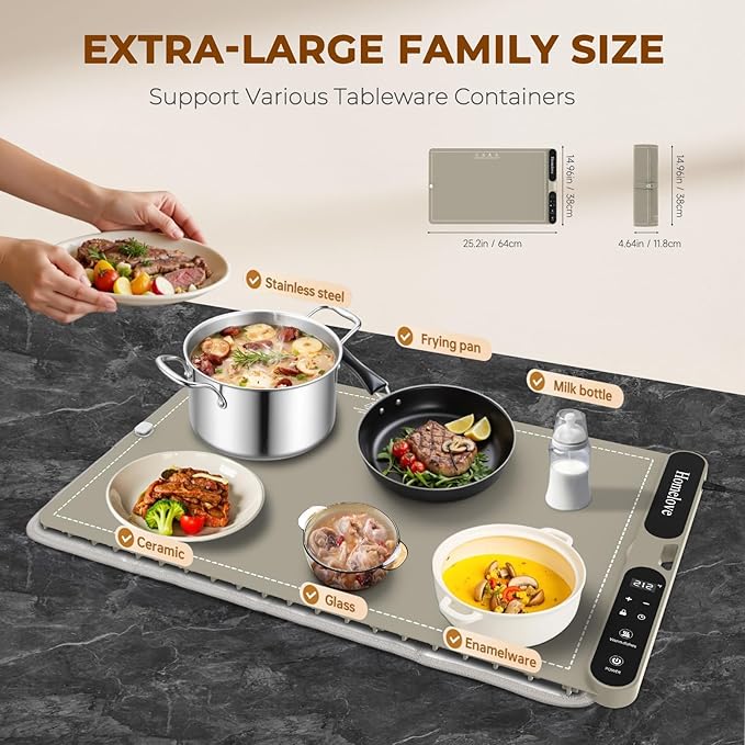 Homelove Food Warming Mat for Parties Buffet - Full Surface Fast Heating Electric Warming Tray with 7 Temp-Settings & 8H Timer, Portable Roll Up Food Warmer with Heat Insulation Pad XL-Khaki