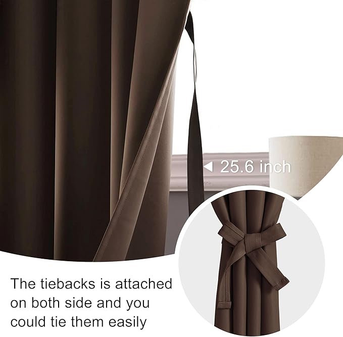 JIUZHEN Blackout Curtains for Bedroom - Thermal Insulated Room Darkening Noise Reducing, 70 x 84 Inch Length Curtains for Living Room, Set of 2 Panels with Tiebacks, Brown
