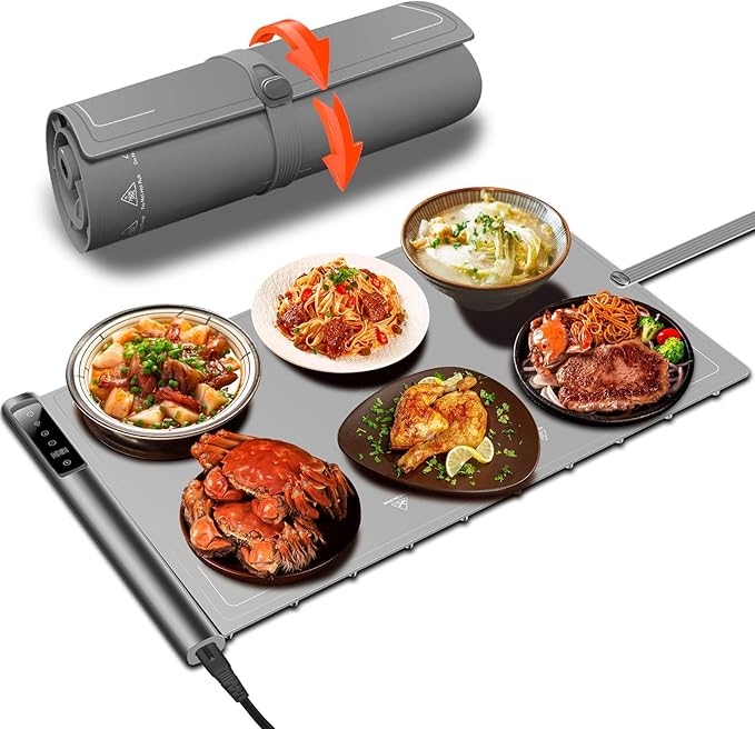 Warming Mat for Food,Silicone Electric Warming Tray for Buffets Party and Home,10s Fast Full Surface Food Heating pad,Portable Design for Daily Use,8 Temperture Settings & 1-6h Timer (Dark Grey)