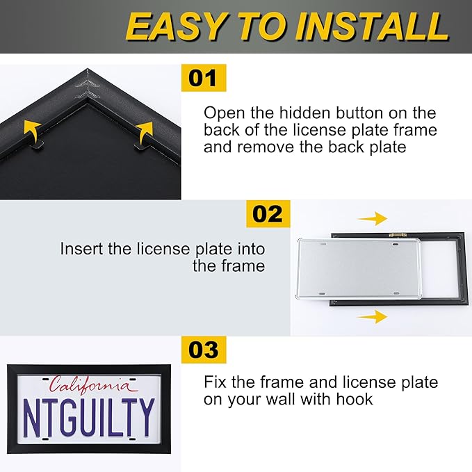 Feekoon License Plate Wall Frame, 13.7" x 7.4" Modern Black Display Cover with 98% UV Protection Acrylic, Imitation Wood Polystyrene Frame Display Vehicle Tag with Hanger