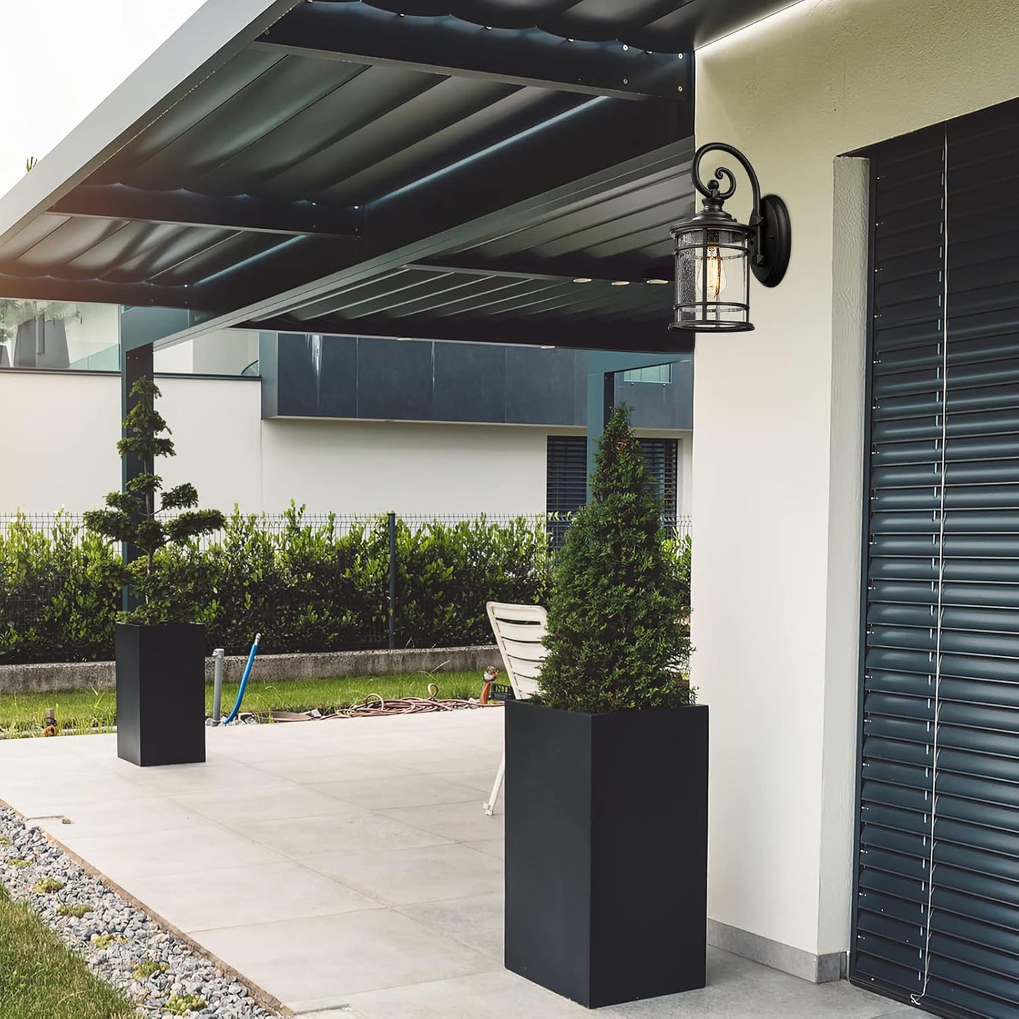 Emliviar Modern Outdoor Wall Lantern - Exterior Carriage Light for Garage Front Porch with Seeded Glass Shade, 15.5 Inch Height, Black Finish, XE229B BK