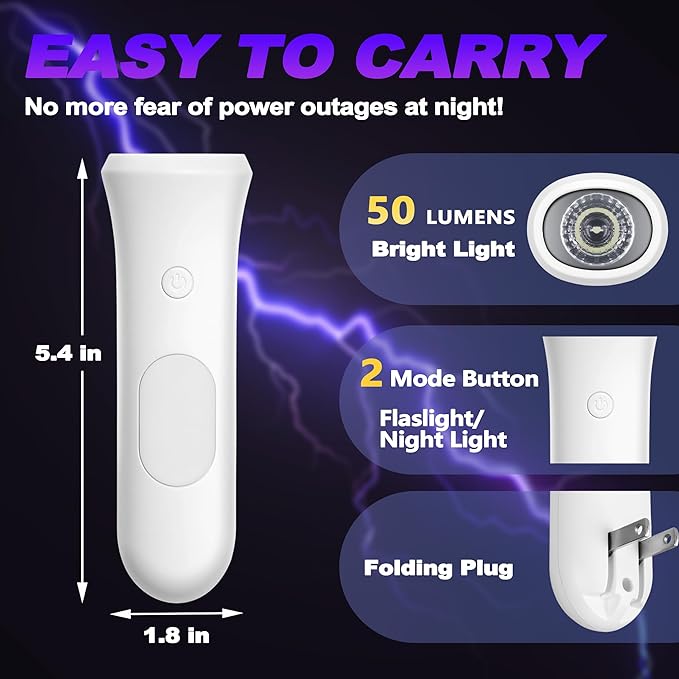 4 in 1 Emergency Lights for Home Power Failure, 2 Pcs Rechargeable LED Flashlight Plug in Wall, Automatic Turn-On Power Outage Night Light Flashlight for Hurricane Preparedness Items