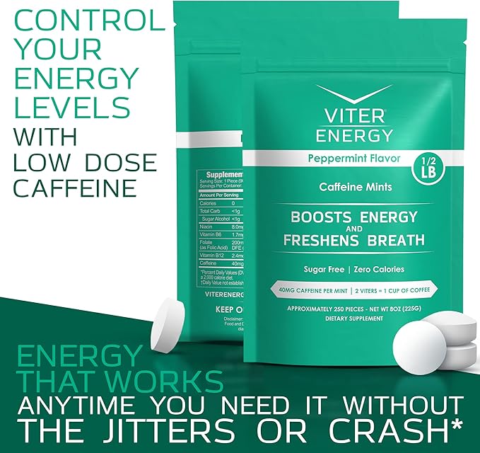 Viter Energy Caffeinated Mints 40mg Caffeine, B Vitamins, Sugar Free. (Peppermint, 8oz, Bulk Bag)