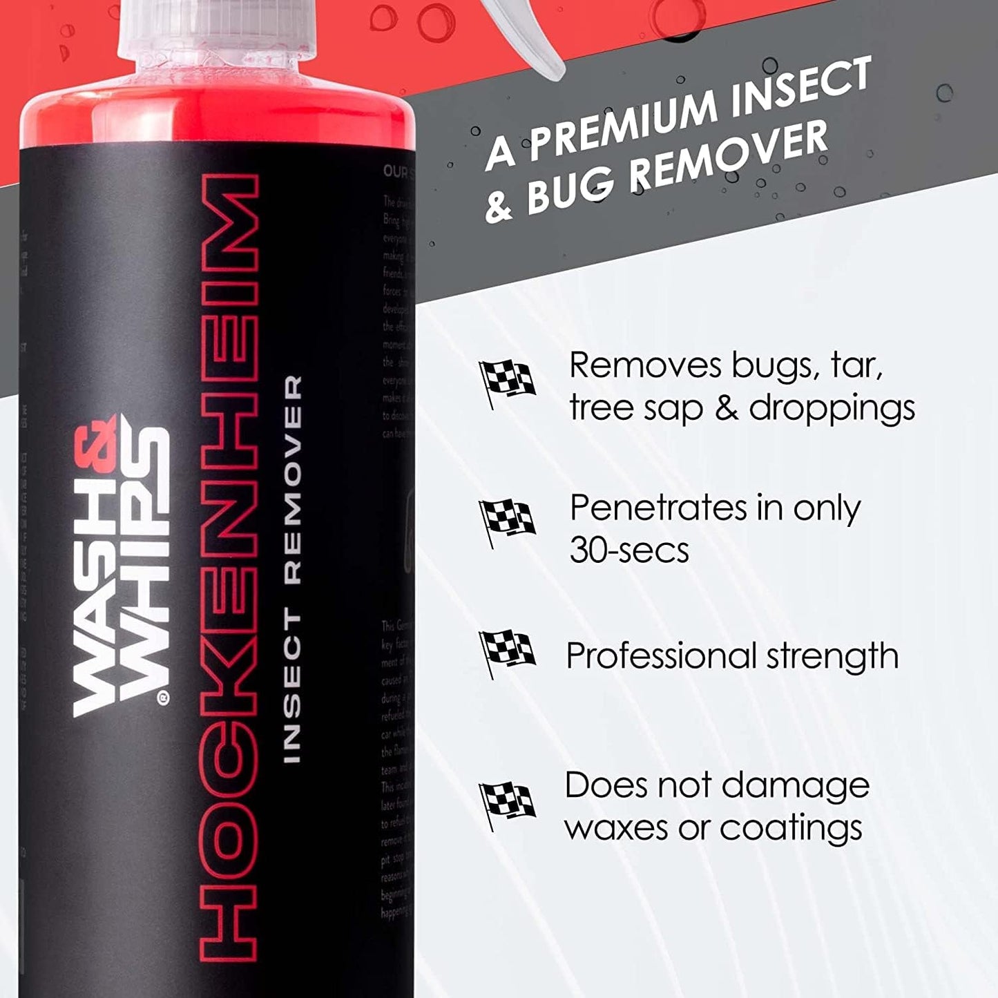 WASH&WHIPS Hockenheim Bug & Insect Remover - Professional Strength, Non-Scratching - Car Detailing, RVs, Boats - 16 fl oz (w/Microfiber Towel)