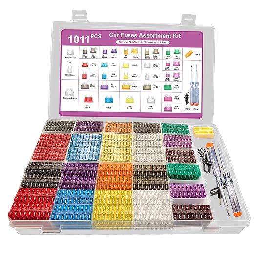 1011-Piece Universal Zinc Flake Car Fuse Set - 410 Standard, 410 Mini & 185 Micro Fuses (2A-40A), with 2 Removal Tools, 2 Testers & 2 Clips - Compatible with Cars, Trucks, RVs, Boats etc.