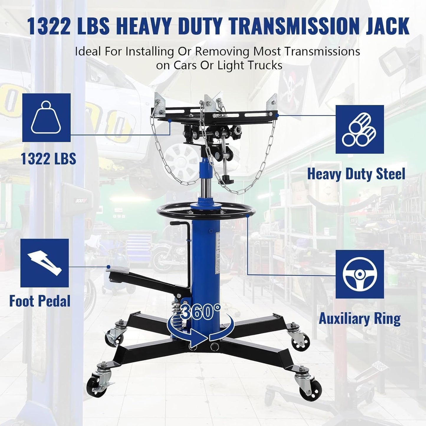 Transmission Jack 1322 LBS Hydraulic Telescoping 2-Stage Lift Jack Stand 33.8"-72.8" High Lift Transmission Jacks with Foot Pedal & 360° Swivel Wheels for for Garage/Workshop Car and Truck Repairs