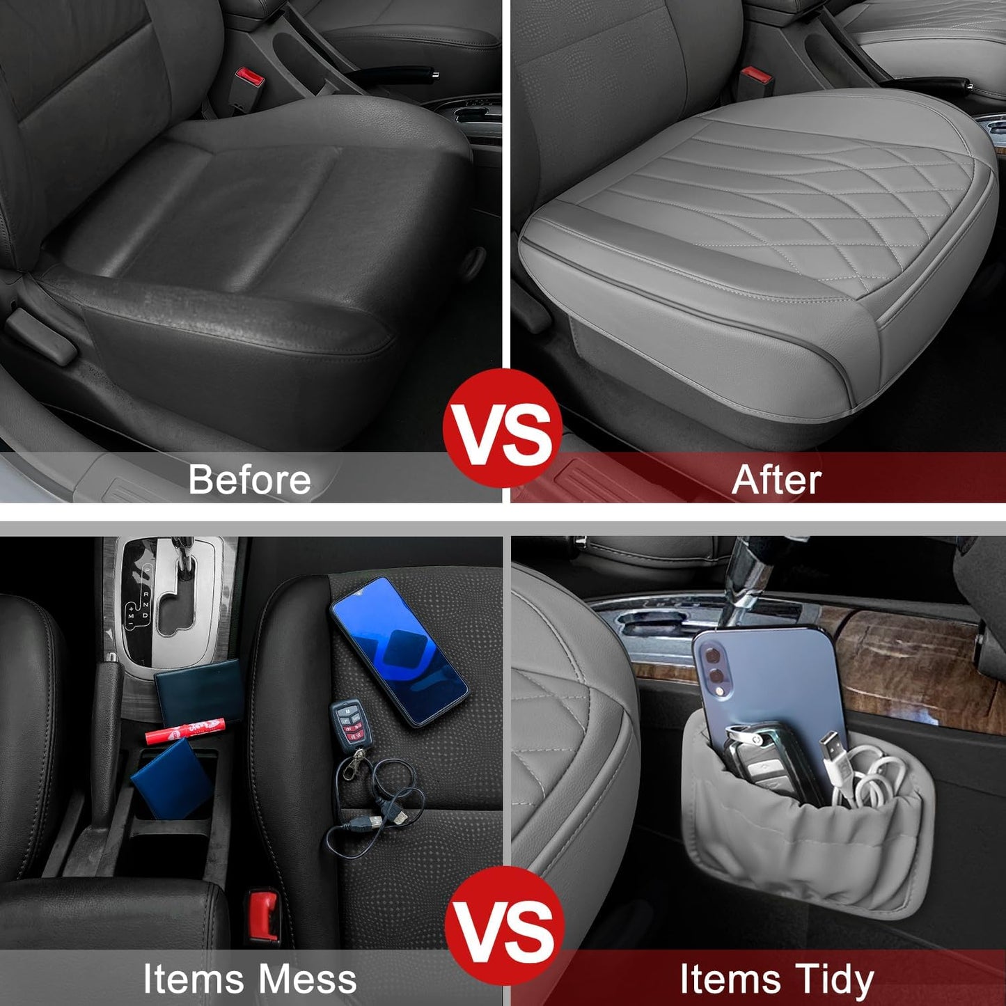 2 Pack Leather Front Car Seat Cover Bottom Car Seat, Universal Anti-Slip Driver Car Seat Protectors with Storage Pocket, Waterproof Bottom Auto Seat Cushion Pad Mat for Most Vehicles(Gray)