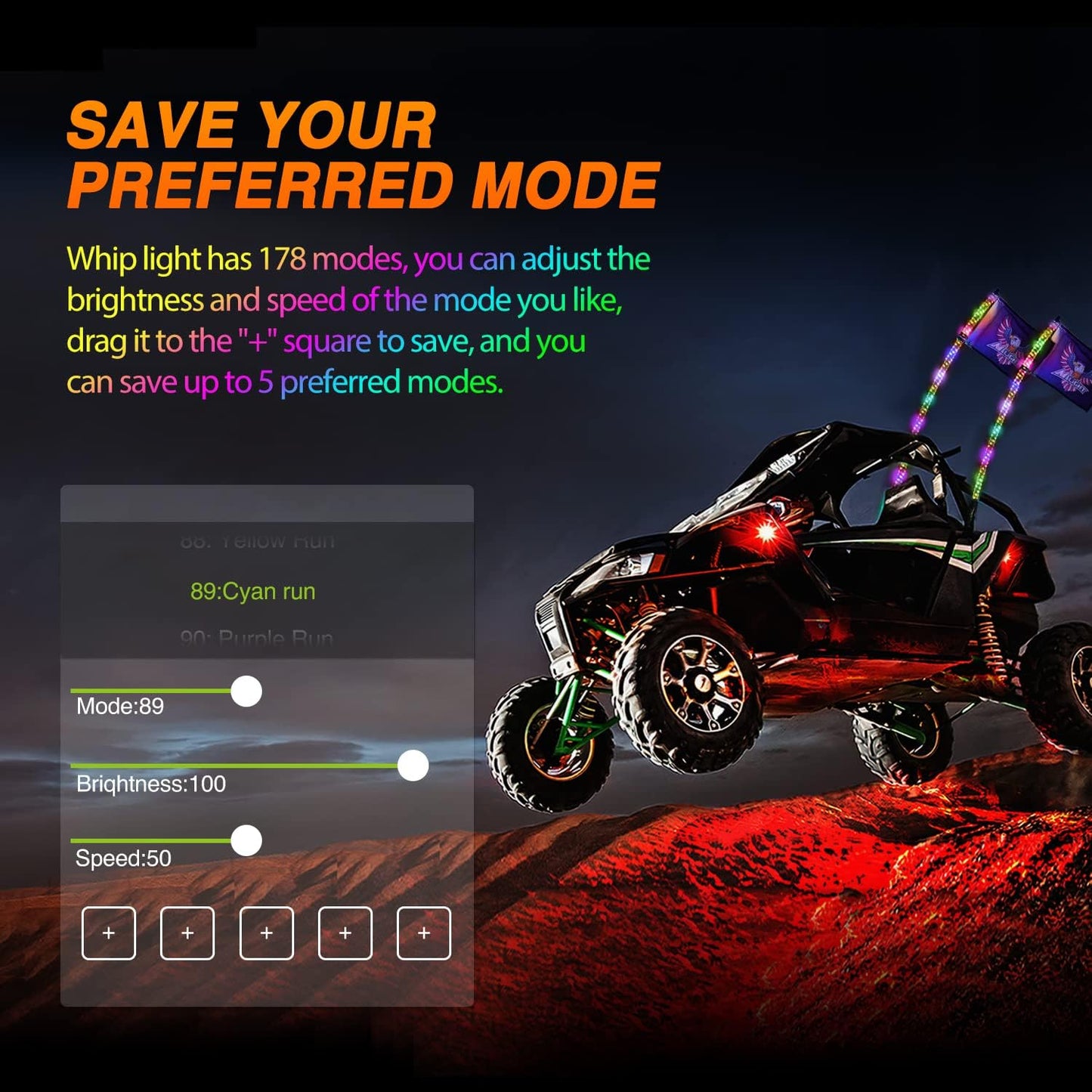 Nilight 2PCS 3FT RGB LED Whip Light with Spring Base Remote App Control w/DIY Chasing Patterns Turn Signal & Brake Lights for ATV UTV Polaris RZR Can-am Dune Buggy Jeep