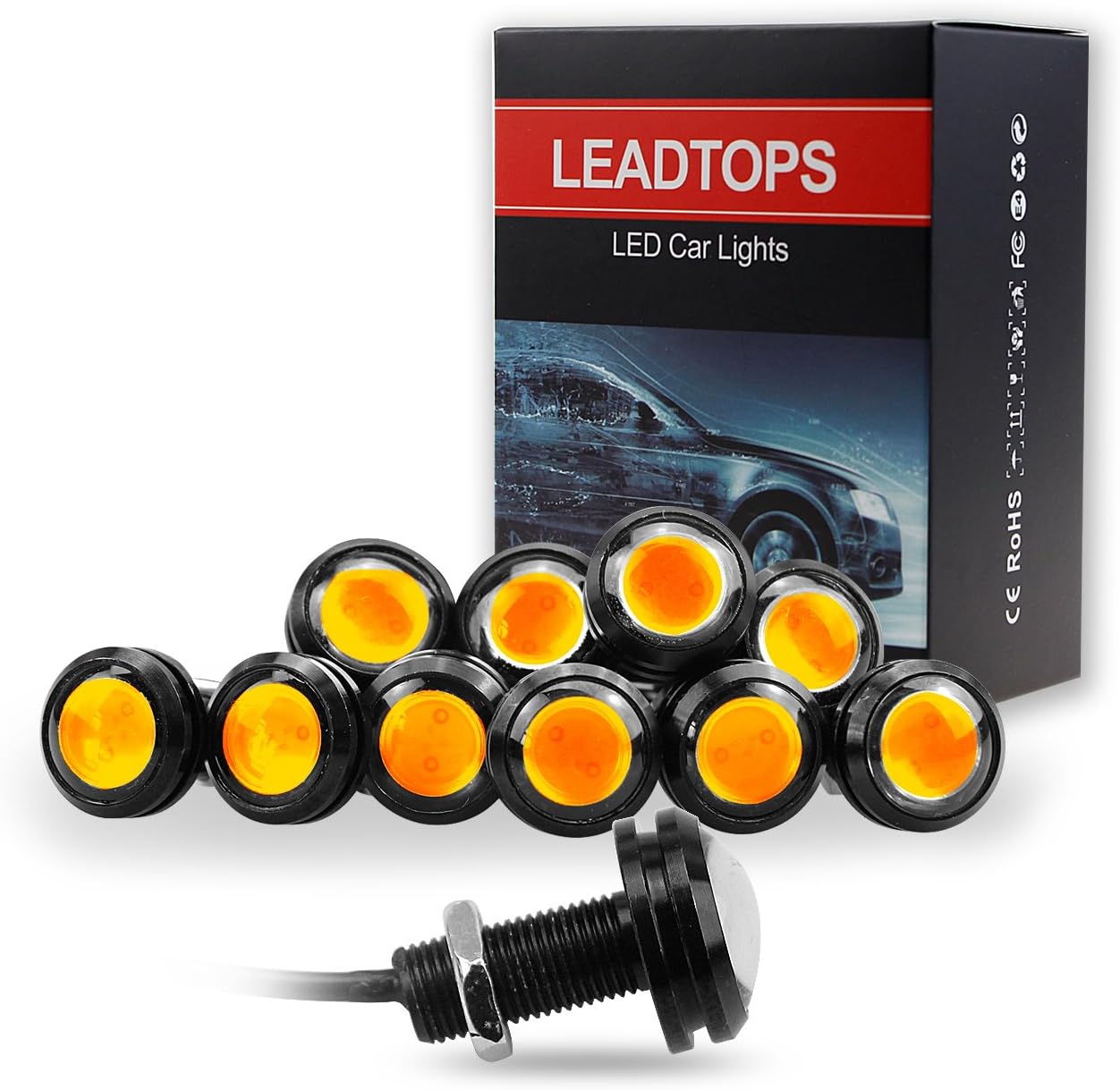 LEADTOPS 10Pcs 18mm 12V Eagle Eye LED Car Fog DRL Daytime Running Light Backup Reverse Tail Rock Lights Small bulb (Yellow, Black Case)