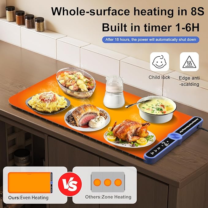 2025 Upgrade Silicone Large Warming Mat for Food,Countertop,Parties,Buffet Silicone AI Electric Plateful Food Warmer Mat 9-Level PreciseTemp Control 6-Level Timer/Rolled-up/Safe Lock-Beige