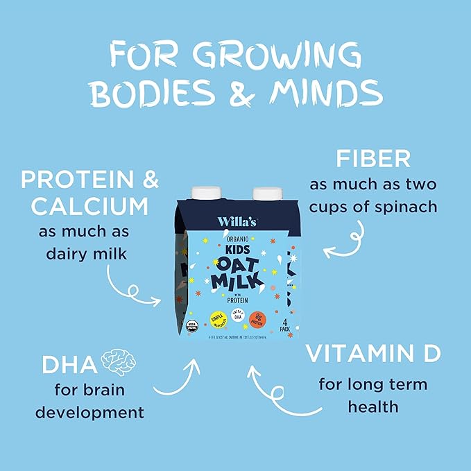 Willa's Organic Kid's Oat Milk with 8g Protein & 240g Calcium, Plant-Based Milk for Kids, Dairy-Free, Low Sugar, 2g Fiber – 8.25 oz, 16 Pack