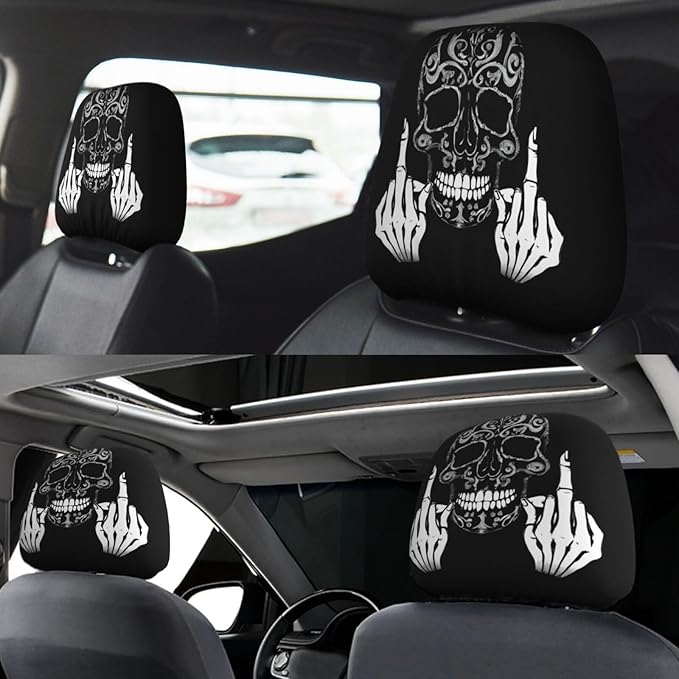 Dujiea 2 Pack Funny Skull Car Headrest Covers, Universal Soft Car Seat Head Rest Cover Protector, Vehicle Accessories Fabric Headrest Cover for Cars Vans Trucks