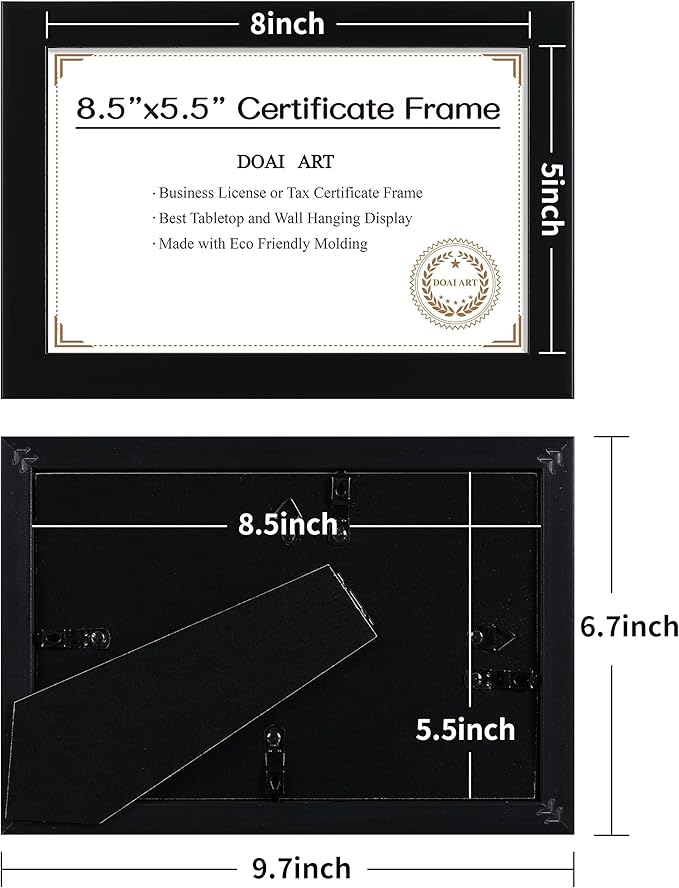 DOAI ART 8.5 x 5.5 Business License Frame Set of 2 Black, Professionals 5.5 x 8.5 Certificate Frames Fit Diploma, Document and Tax Certificate Self Standing with Wall Hangers