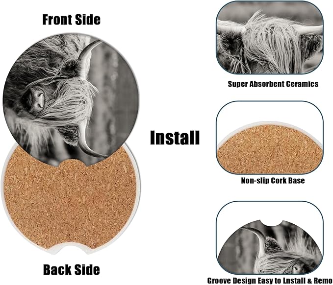 Car Cup Holder Coaster - Highland Cow Absorbent Ceramic Coaster, Car Coasters for Cup Holders, Auto Accessories for Women & Men, Pack of 2