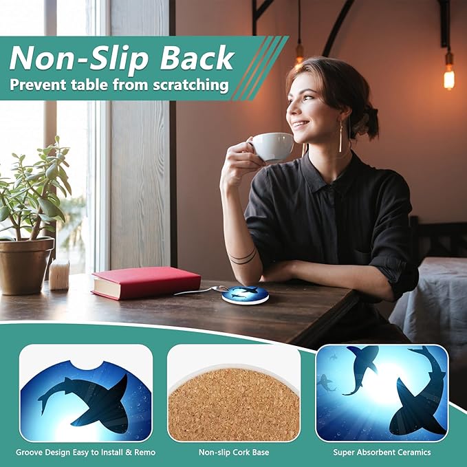 2 Pack Car Cup Holder Coasters - Blue Cute Shark Absorbent Ceramic Coaster, Car Coasters for Cup Holders, Car Interior Accessories for Women Men