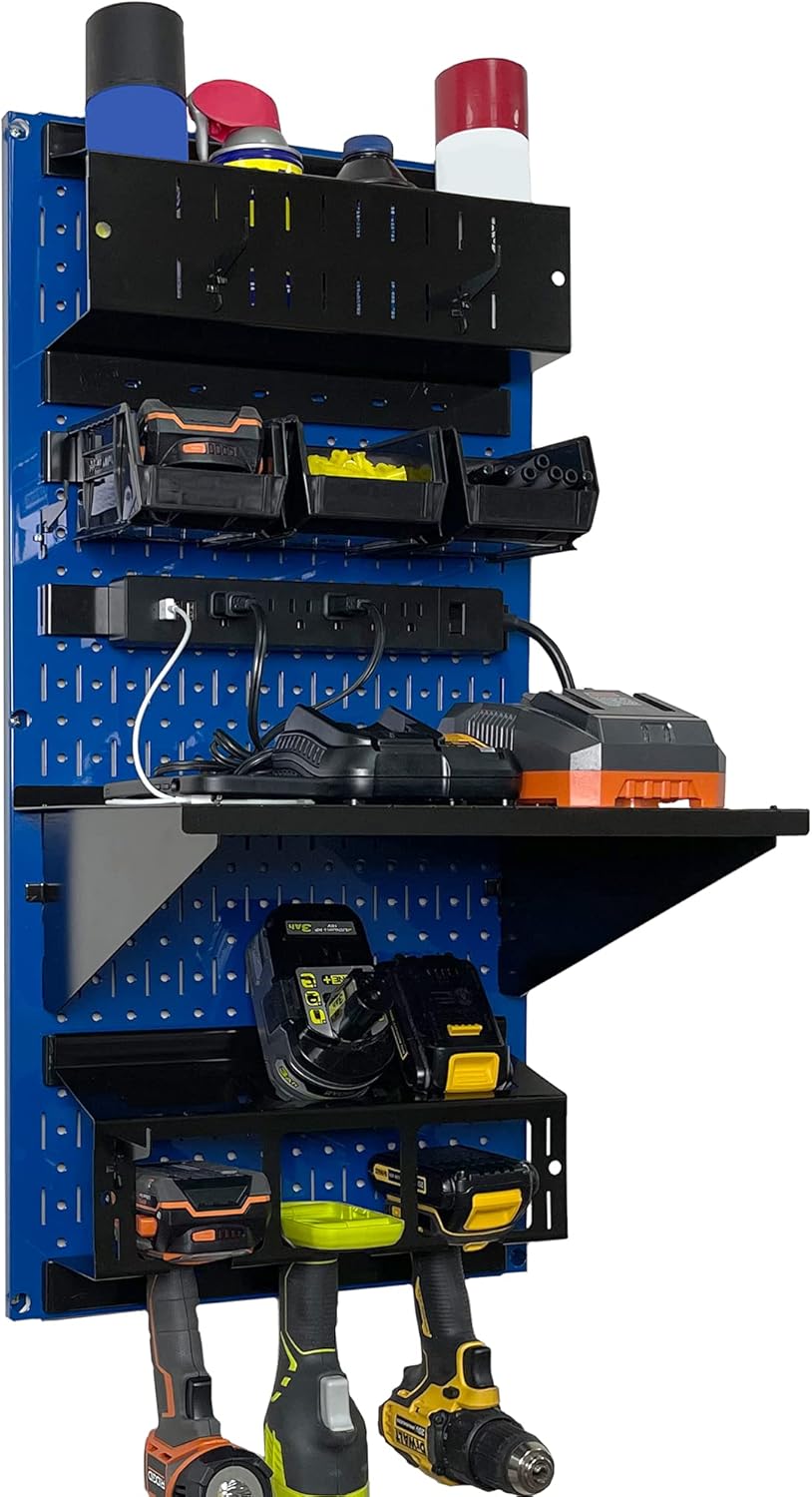 Wall Control Power Tool Storage Organizer Kit Cordless Drill Holder Charging Station Rack 16” x 32” Metal Pegboard Organization System (Blue Pegboard)