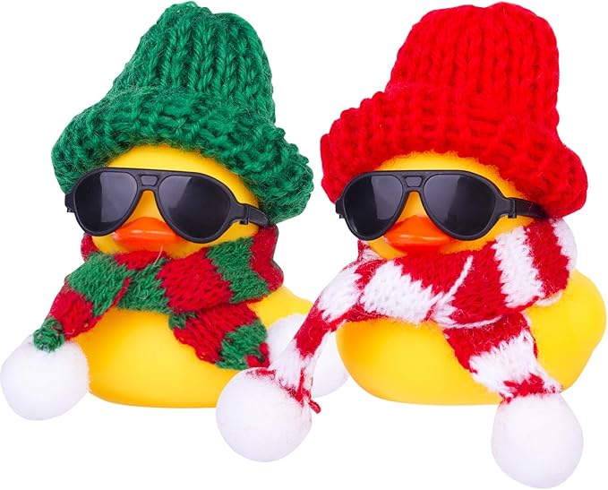 Rubber Duck Car Ornaments 2Pack Winter Duck Car Dashboard Decorations for Christmas Decor and Home Decorations with Mini Hat Scarf and Sunglasses(A)