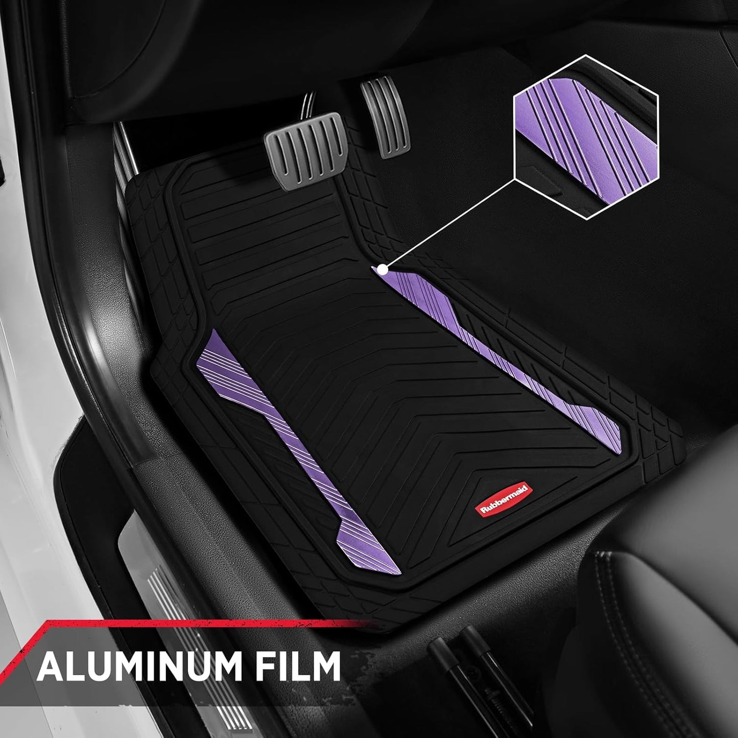 Rubbermaid Car Floor Mat, Heavy Duty All-Weather Car Mats Full Set with Dual-Tone Purple Aluminum Inserts – Universal Fit, Anti-Slip Backing, Trim-to-Fit for Most SUV, Sedan, Van
