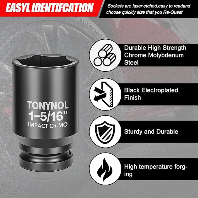 3/4" Inch Drive Deep Impact Socket,6-Point,SAE 1-5/16",80mmL,CR-MO,Heavy-Duty Automotive & Industrial Repair