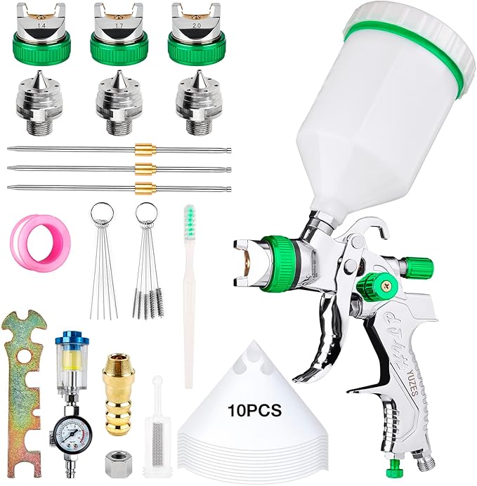 YUZES HVLP Spray Gun Kit with 1.4/1.7/2.0mm Nozzles & Air Filter with Pressure Gauge, Easy to Use Spray Paint Gun for Cars, Air Spray Gun for Painting Cars, Furniture, DIY Painting Primer, Clear Coat