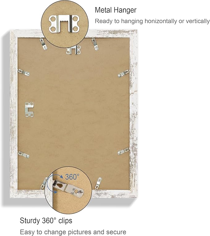 11x15 Picture Frame Set of 4, Made of Real Glass and Distressed White Frame - Display Picture 10x14 with Mat or 11x15 Without Mat, 11 by 15 Photo for Wall Mounting