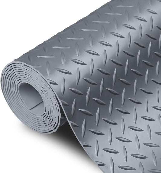 SEAL 4 x 15 Ft Premium Garage Floor Mat, Solid 2.8mm Thick Gray Commercial Grade Heavy Duty Parking Mat for Garage Floor, Golf Cart Parking, Water/Stain Resistant Floor Runner (Embossed Diamond Plate)