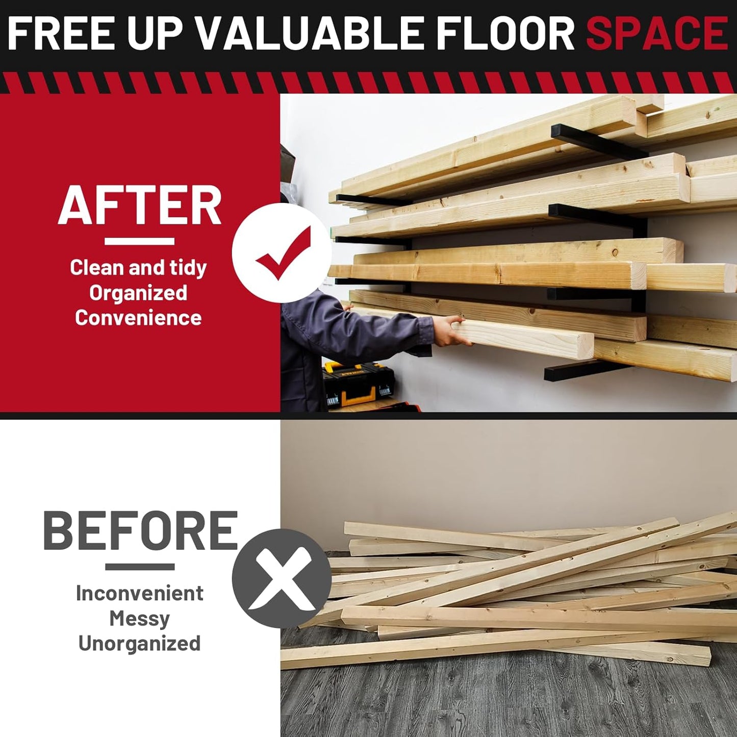 YYR Wood Organizer and Lumber Storage Rack Wall Mount, Heavy Duty Metal Shelf with 4-Level Holds Up 800 LBS, Indoor & Outdoor Use - Black